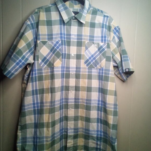 Akademiks Button Up Shirt 3XL Short Sleeve Plaid Green Blue - Picture 10 of 11